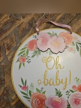 Floral "Oh Baby!" Round Hanging Sign - Pink & Coral